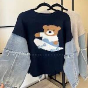 NWT Size M Premium Boutique Mixed Media Navy Blue Bear Sweater with Denim Sleeve